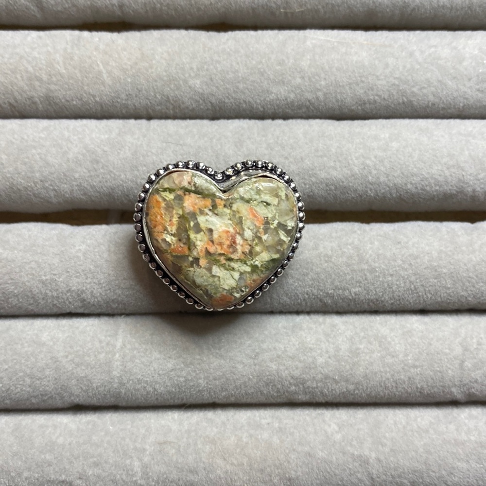 Beautiful heart shaped 925 SS Plated Unakite Ring